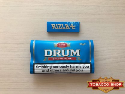 Живое фото пачки табака для самокруток DRUM Bright Blue 50g Duty Free